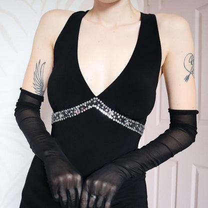 Black stretch open back evening gown UK 12-14