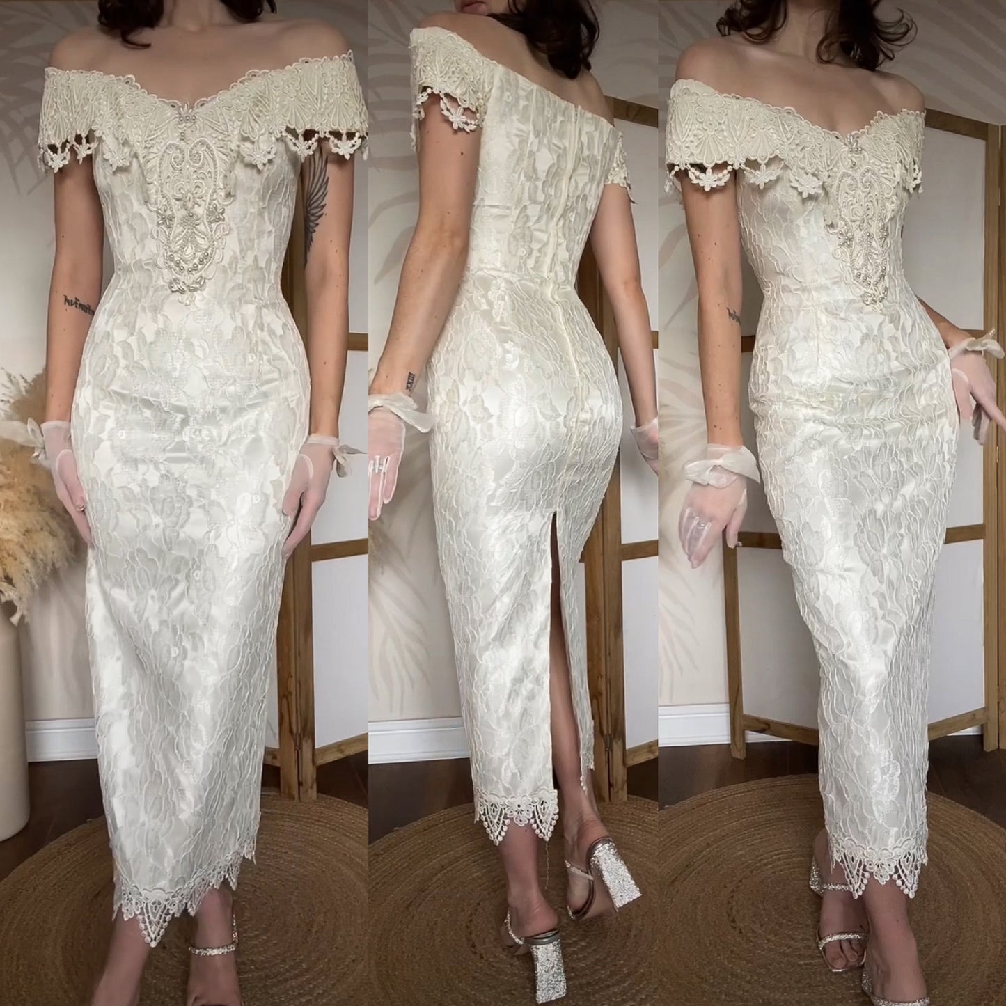 Scott McClintock petite ivory lace cold shoulder wedding dress uk 10-12