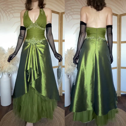 Green halter-neck a-line fairycore prom dress uk 10