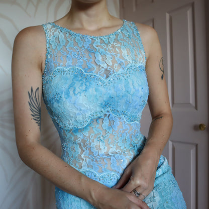 Bernshaw blue lace sheer stretch evening dress UK 10-12