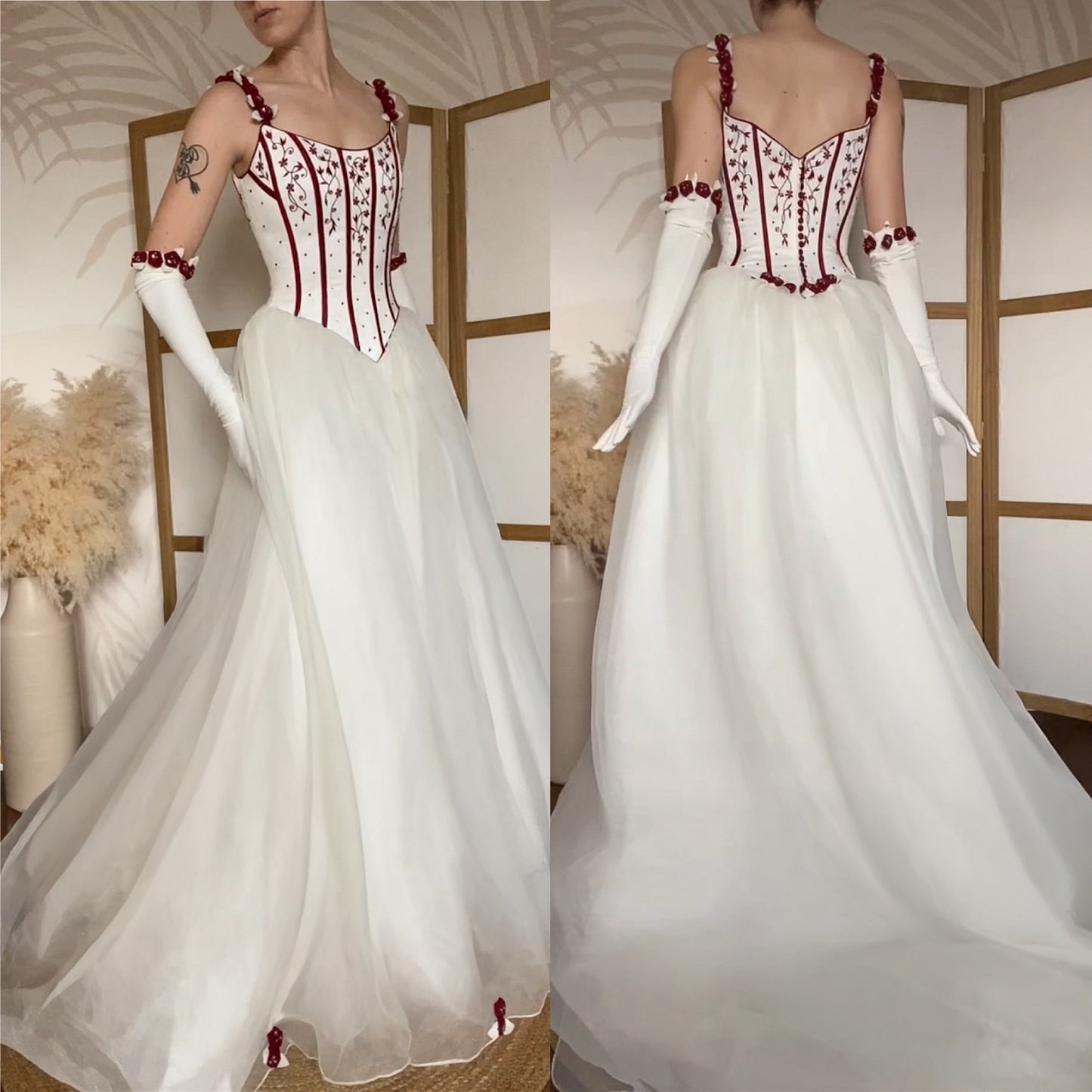 Gorgeous white & red wedding dress & gloves uk 10