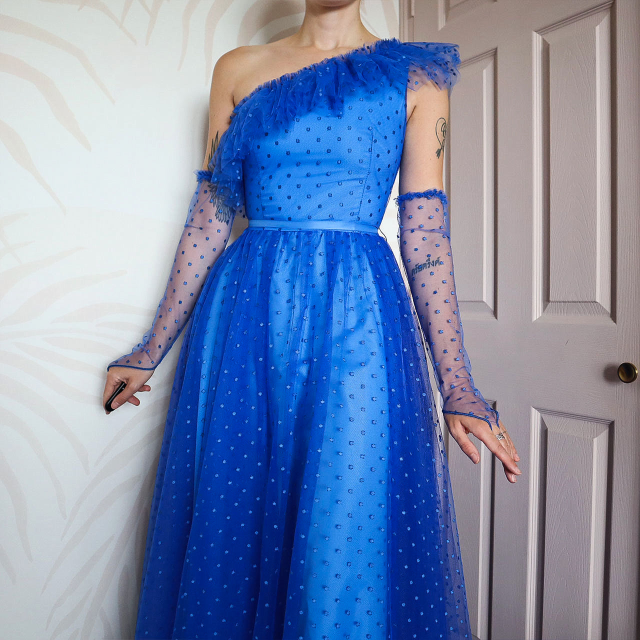 Bright blue 80s polka dot lace one shoulder gown UK 8-10