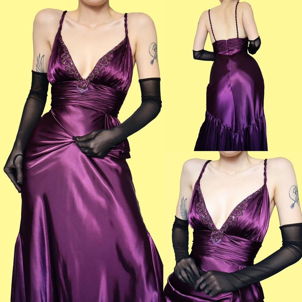 Purple satin Dave & Johnny evening dress UK 8