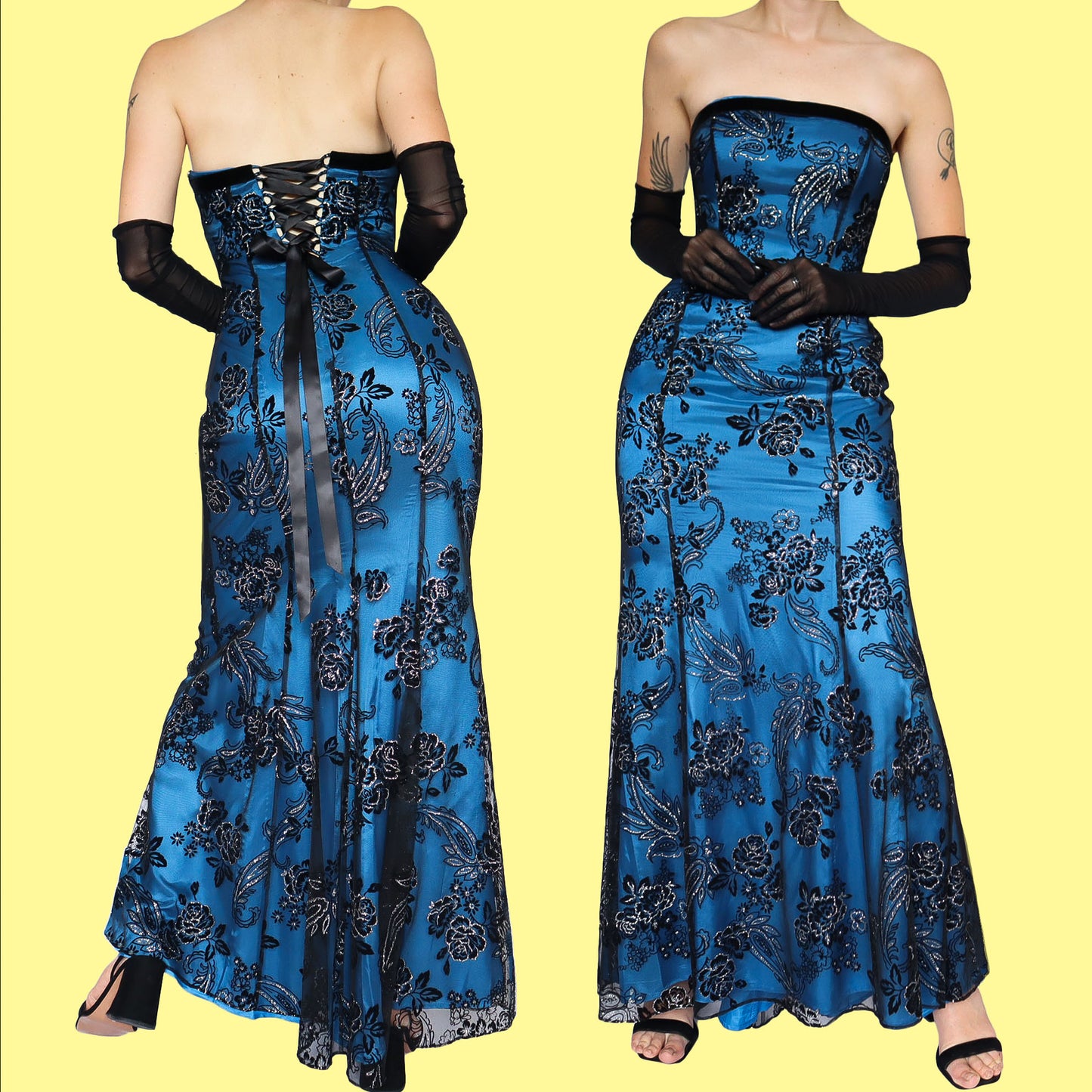 Blue glittery floral strapless evening dress UK 10