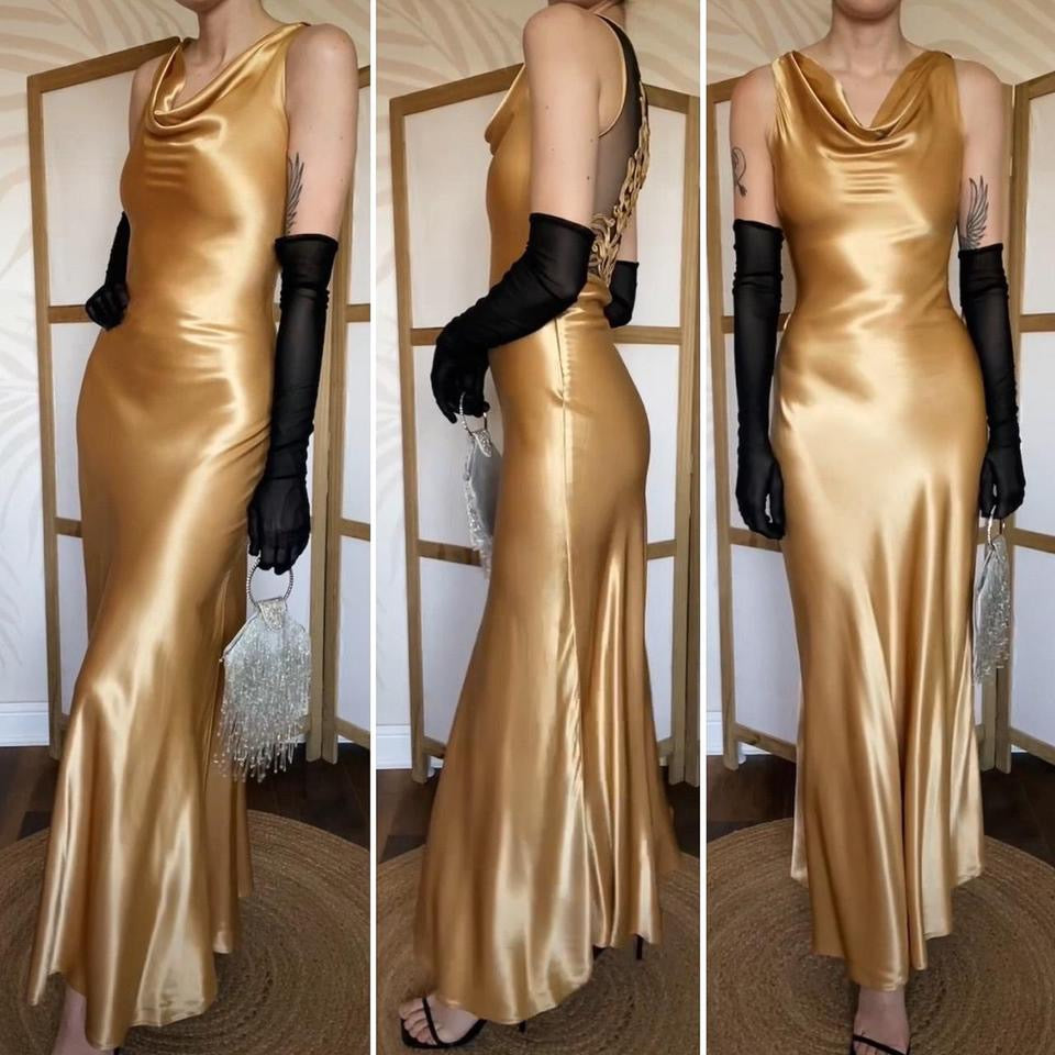 Gold YVE London satin evening dress uk 6/xs