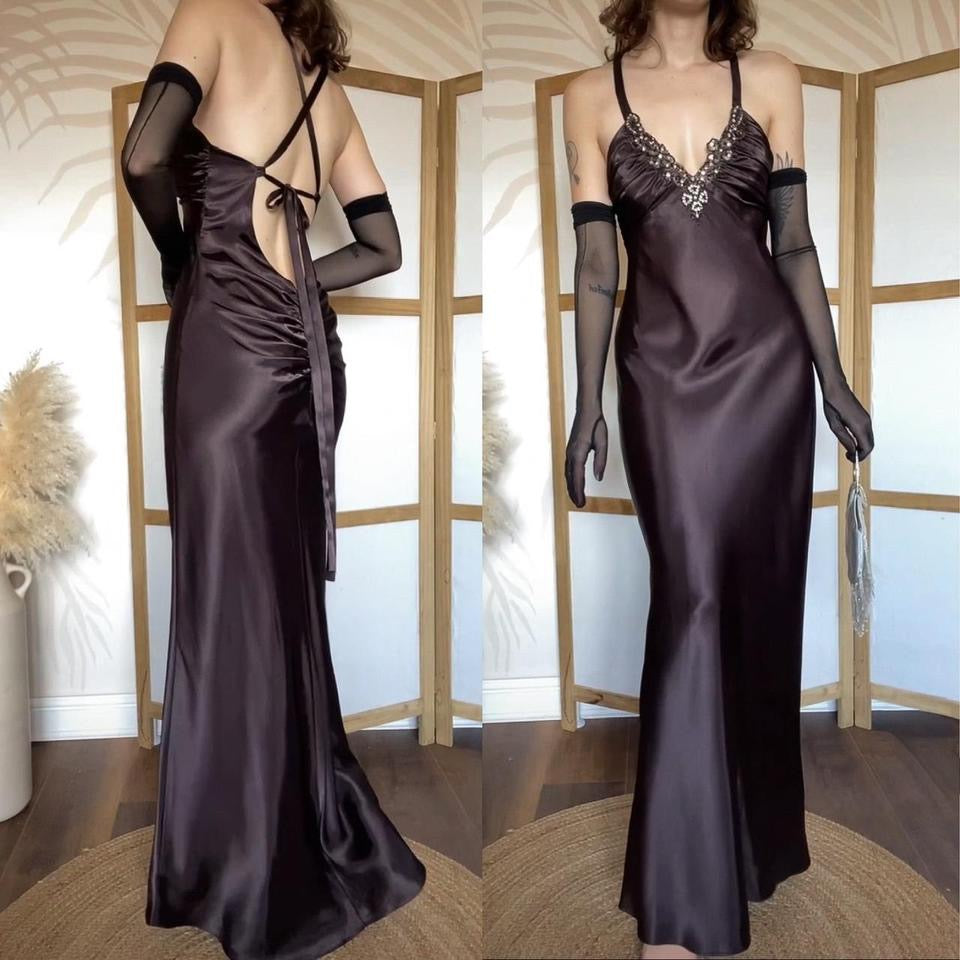 Niki Livas brown satin evening dress uk 10