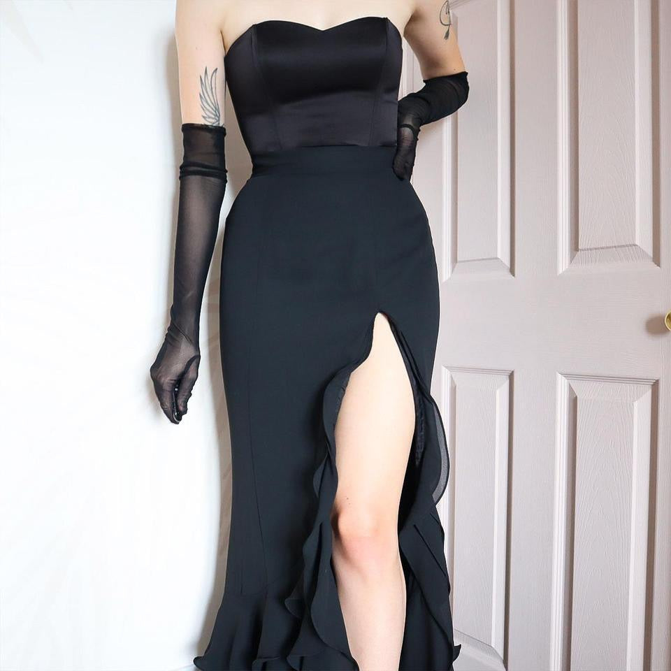 Long black leg slit flared maxi skirt uk 12-14