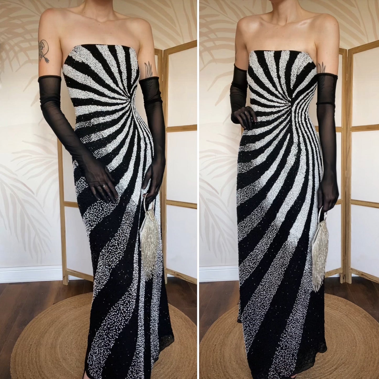 Black & white Kaleidoscope beaded strapless evening dress UK 12 & 14 available