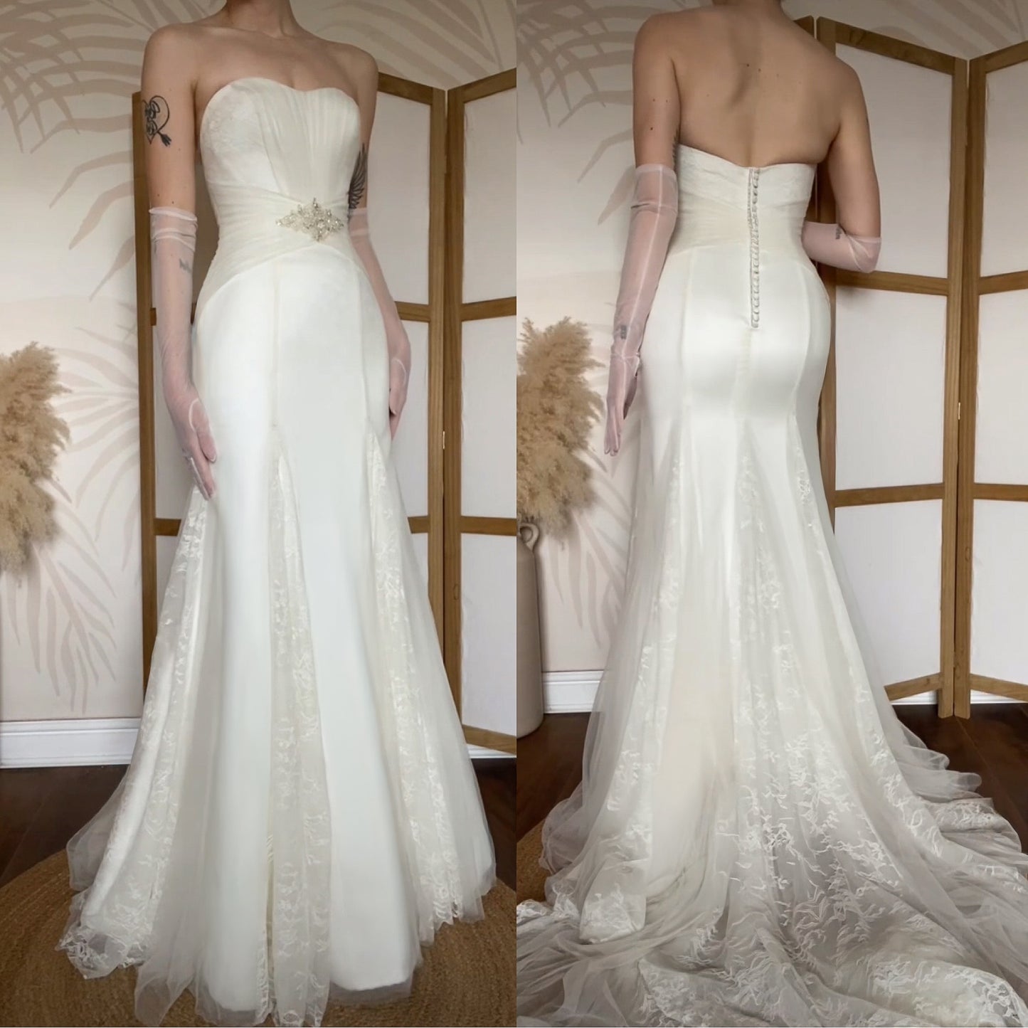 Ivory Benjamin Roberts lace strapless wedding gown uk 10