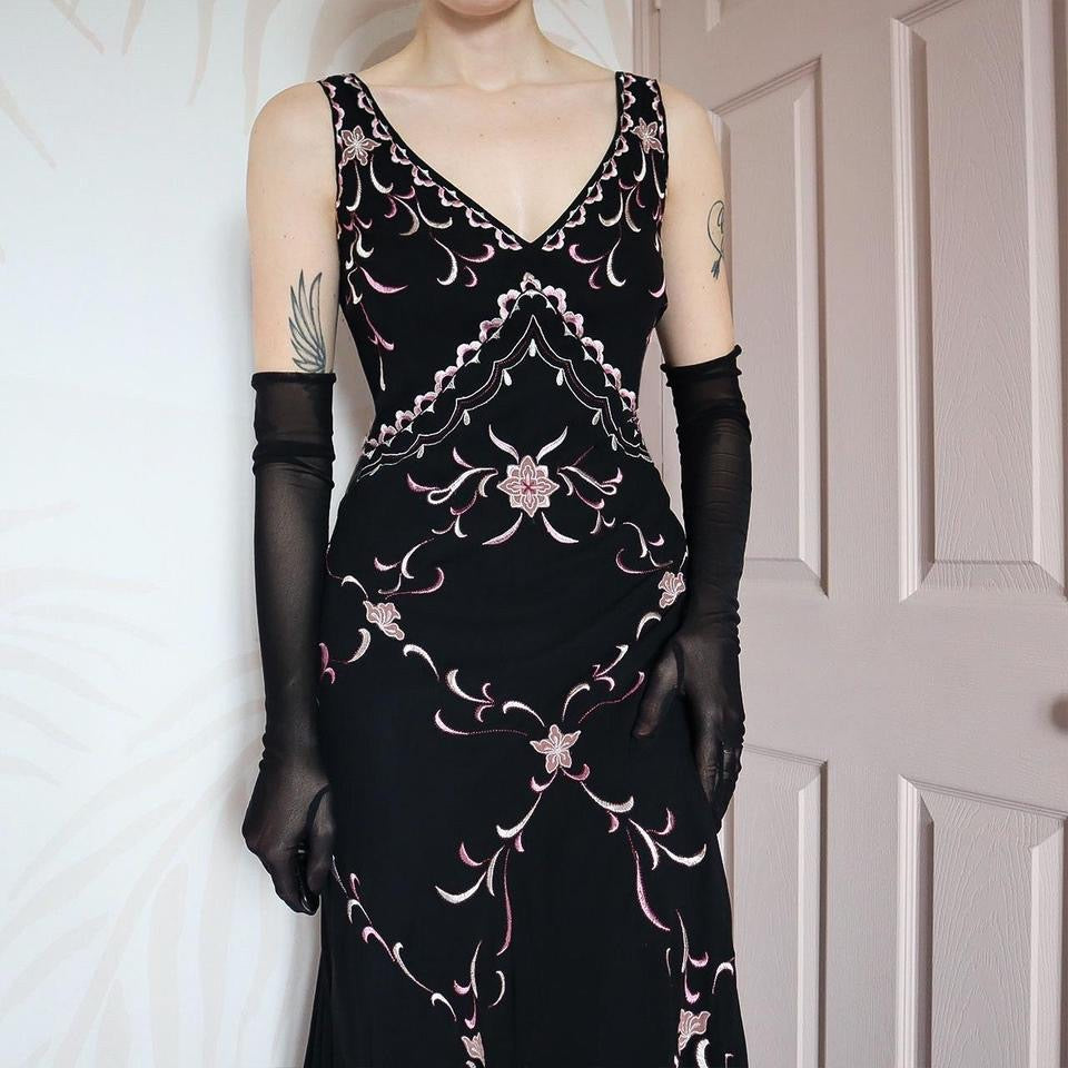 Black 100% silk embroidered midi dress UK 14