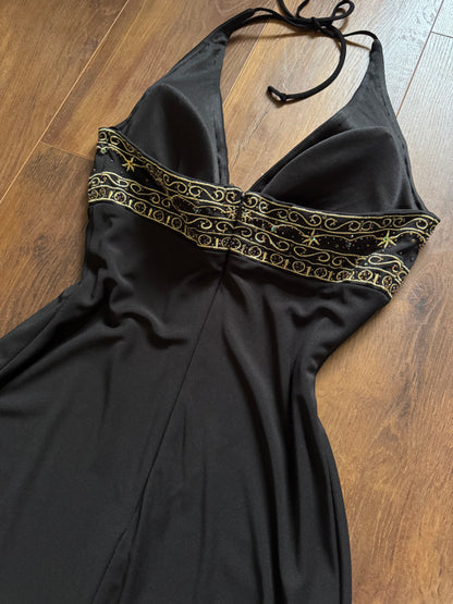 Black stretch halter neck evening dress uk 12