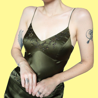 Green Dave & Johnny beaded evening gown UK 10