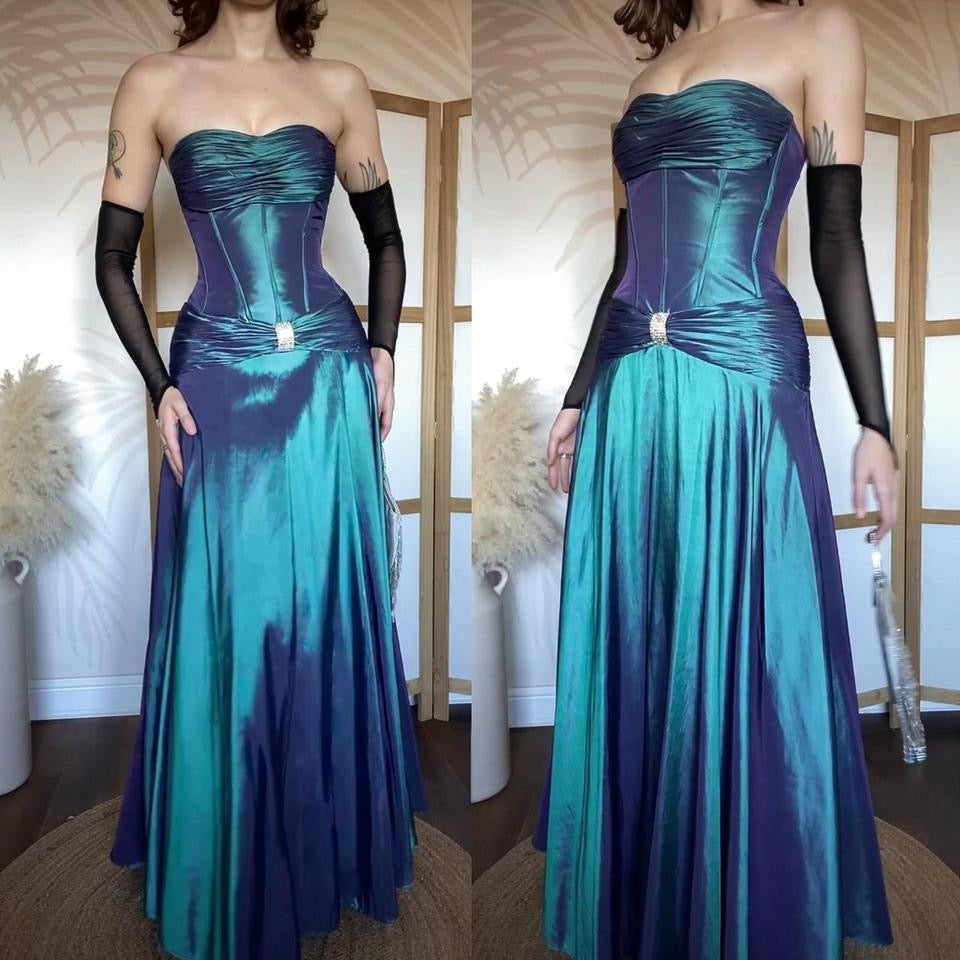 Blue iridescent strapless corset style prom dress uk 10