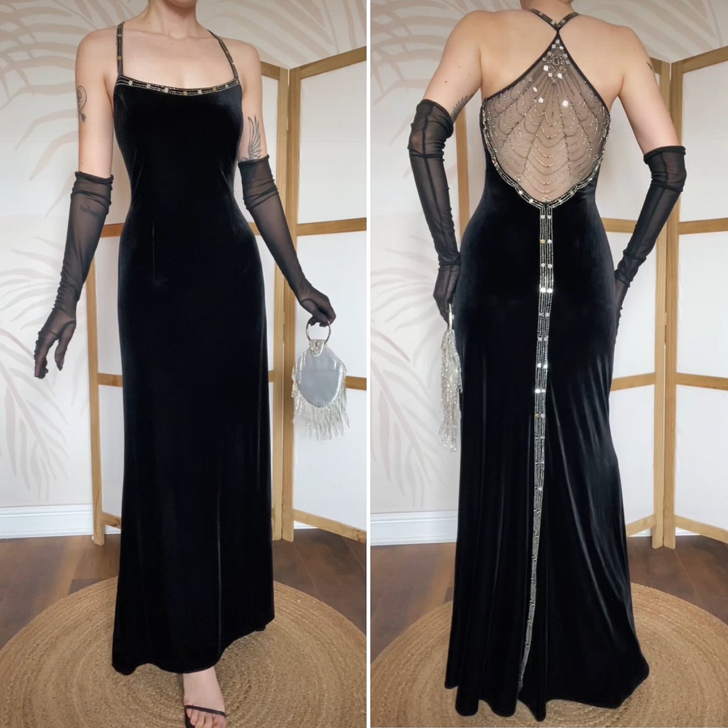 Black velvet beaded 90s evening dress uk 14