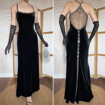 Black velvet beaded 90s evening dress uk 14