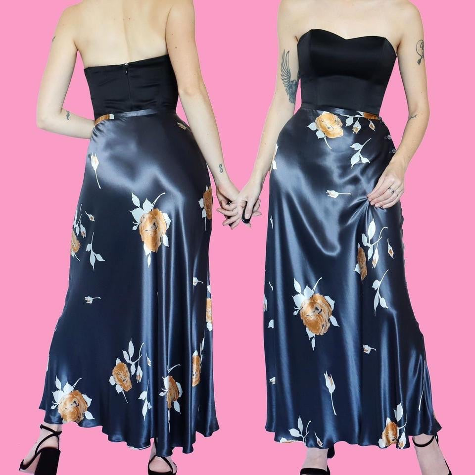 Silky grey floral satin maxi skirt UK 10