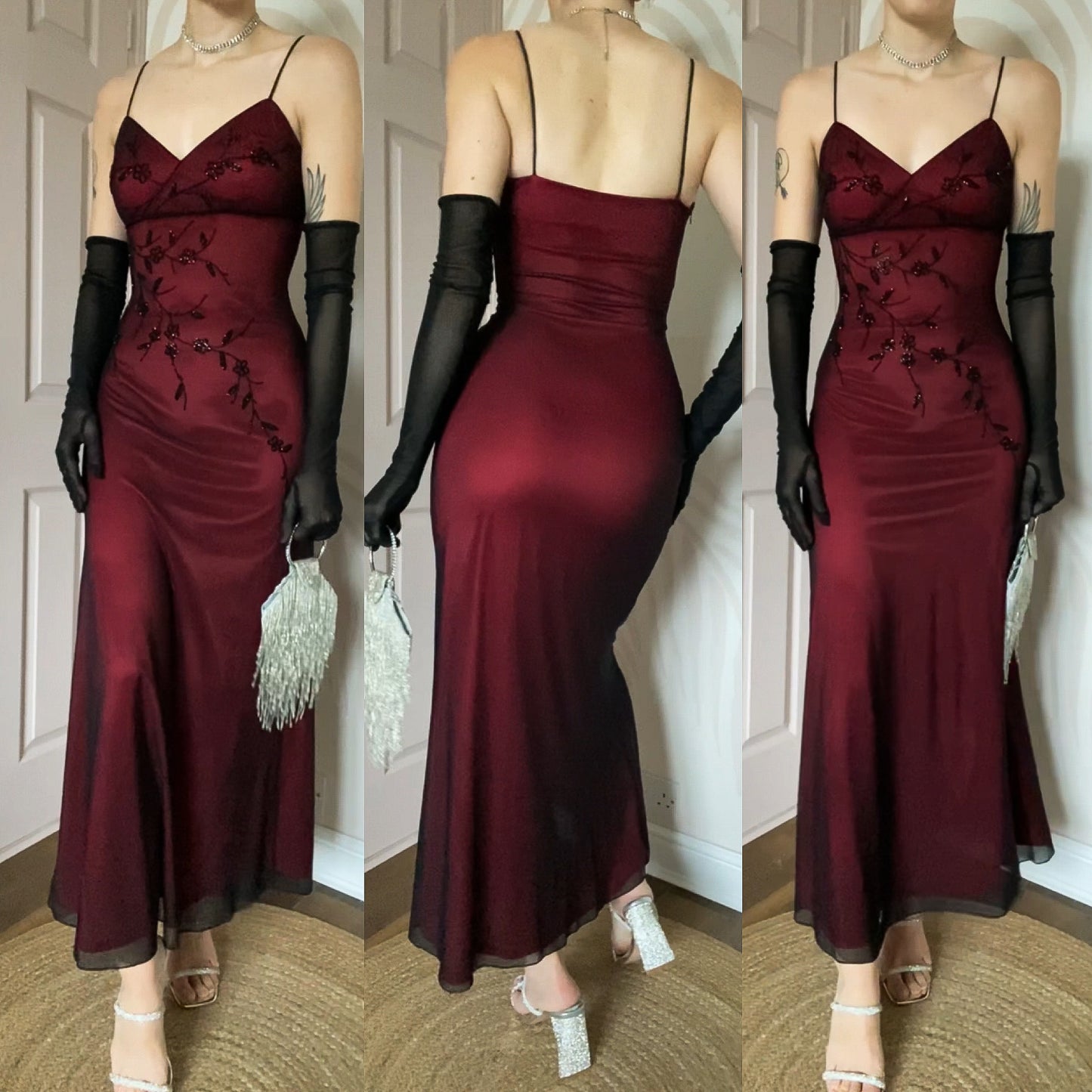 John Charles 90s red stretch beaded evening dress UK 10