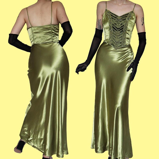 YVE London green satin evening gown UK 8