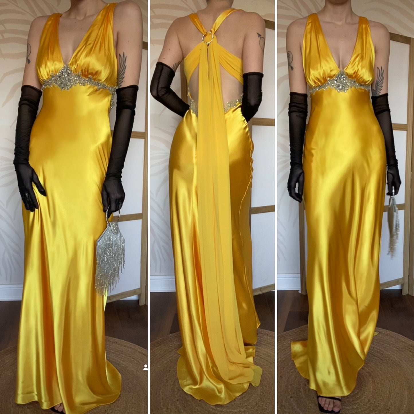 Niki Livas silky yellow evening prom dress UK 12
