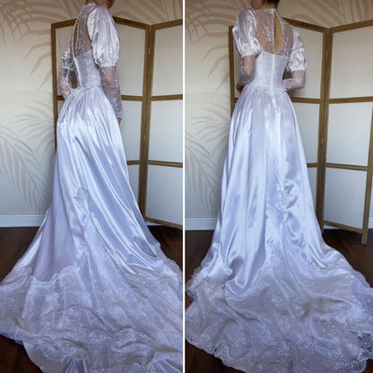 White satin & lace 80s wedding dress UK 6-8/XS