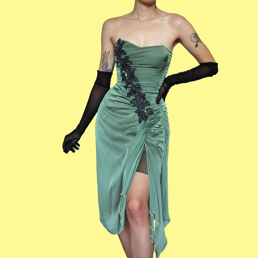 Green Charas Strapless Lace Up Midi Dress UK 10