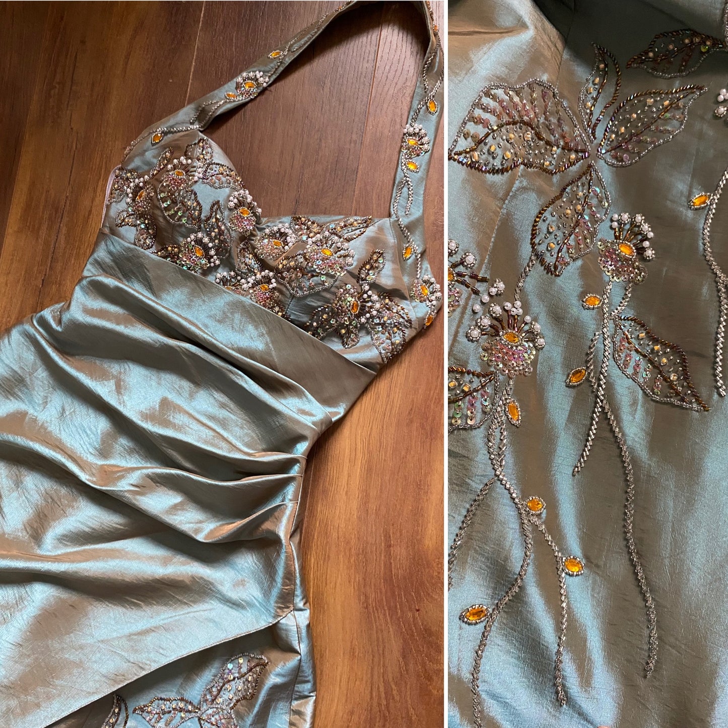 Iridescent grey/green halter prom dress uk 6