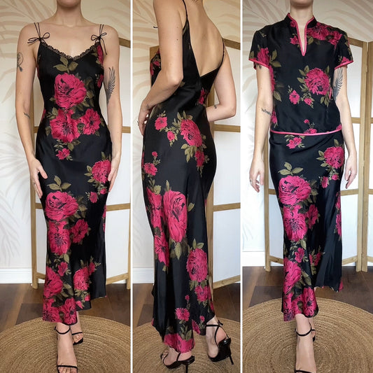 Black Monsoon floral slip dress with matching top UK 8