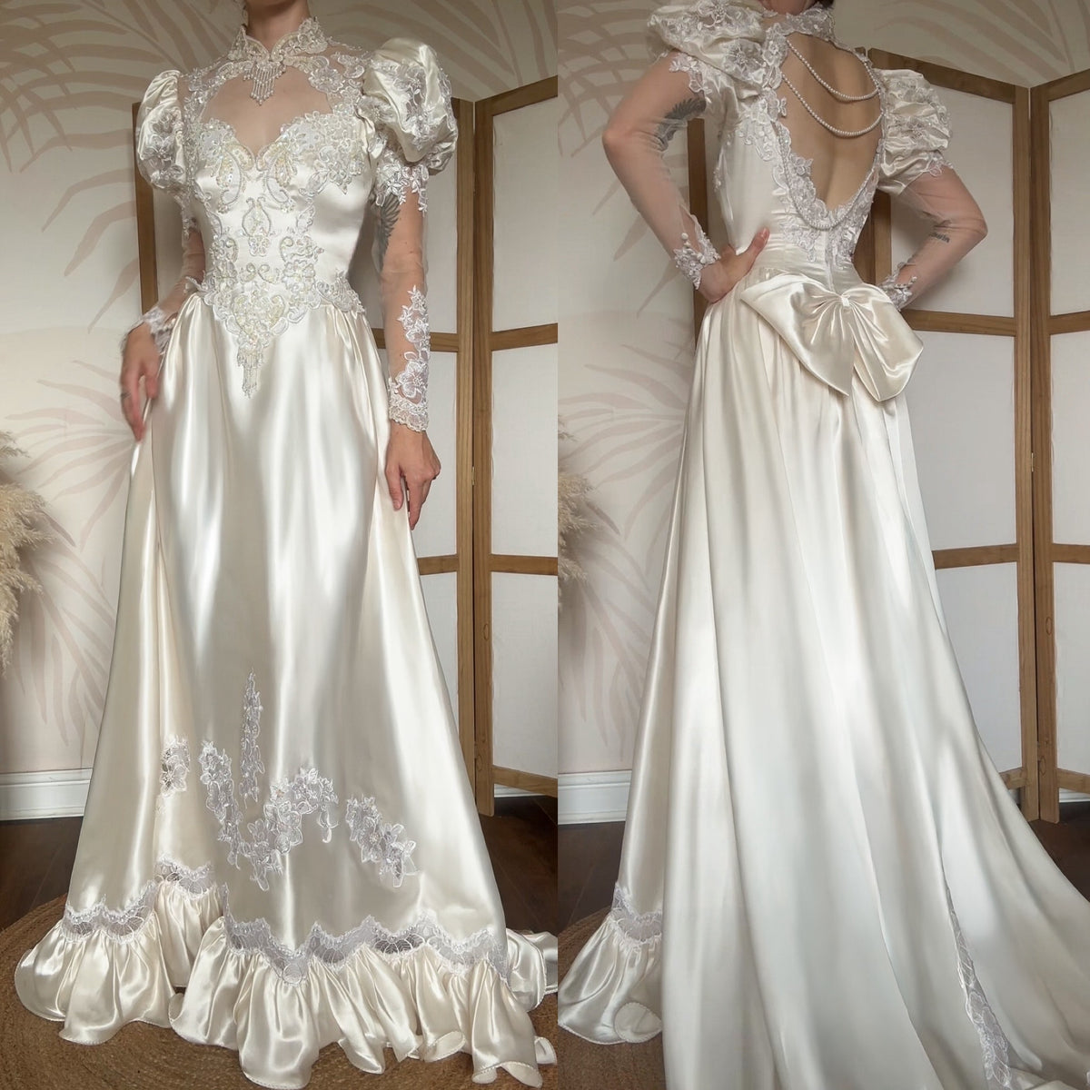 Vintage ivory satin 80s wedding dress uk 8