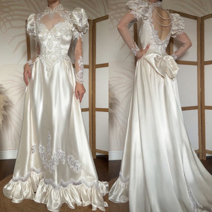 Vintage ivory satin 80s wedding dress uk 8
