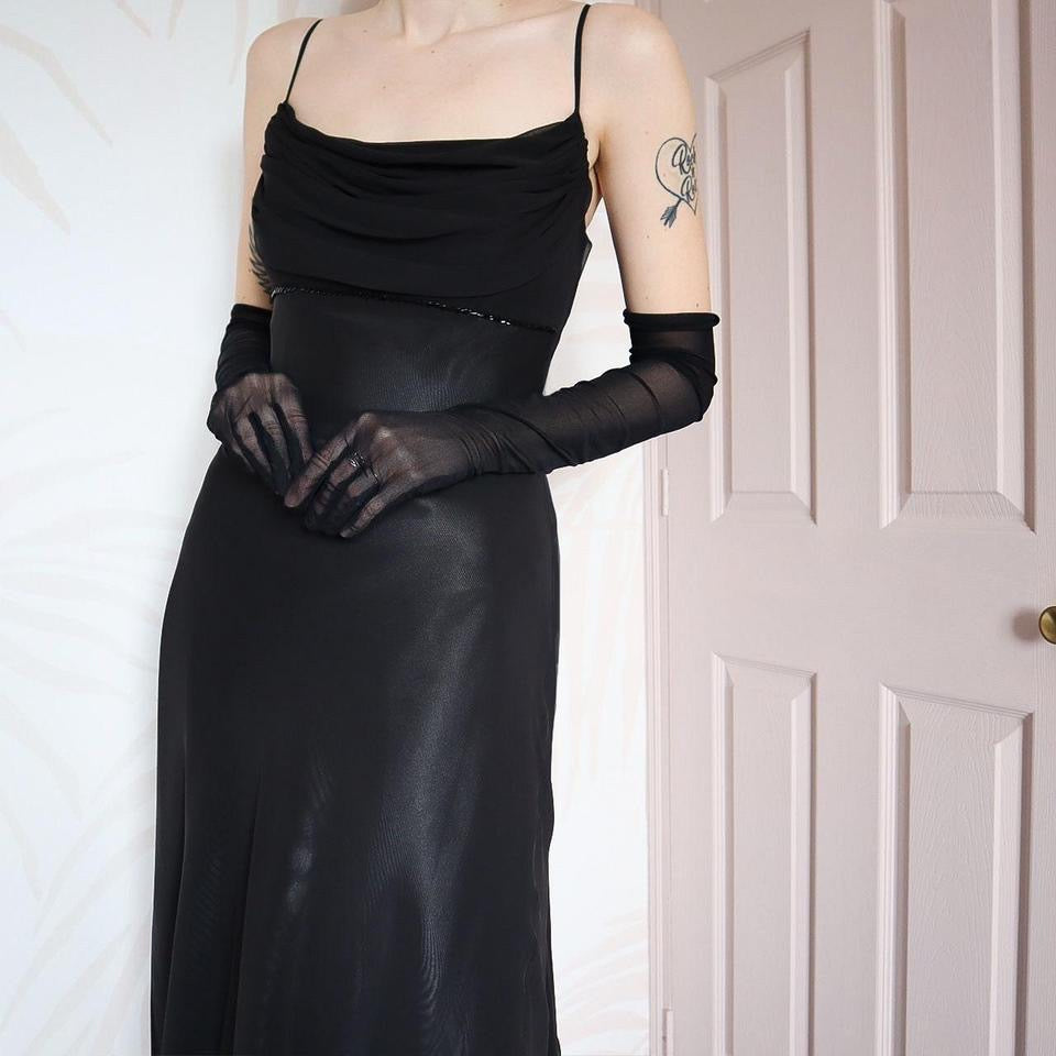 Tiffanys black chiffon evening gown UK 12 & UK 14
