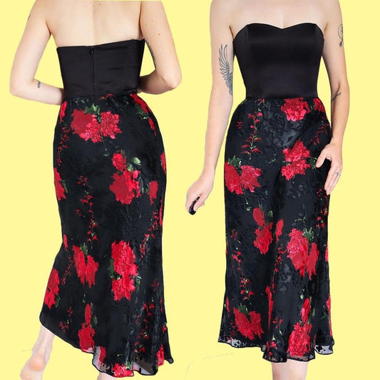 Black silk blend floral midi skirt UK 10