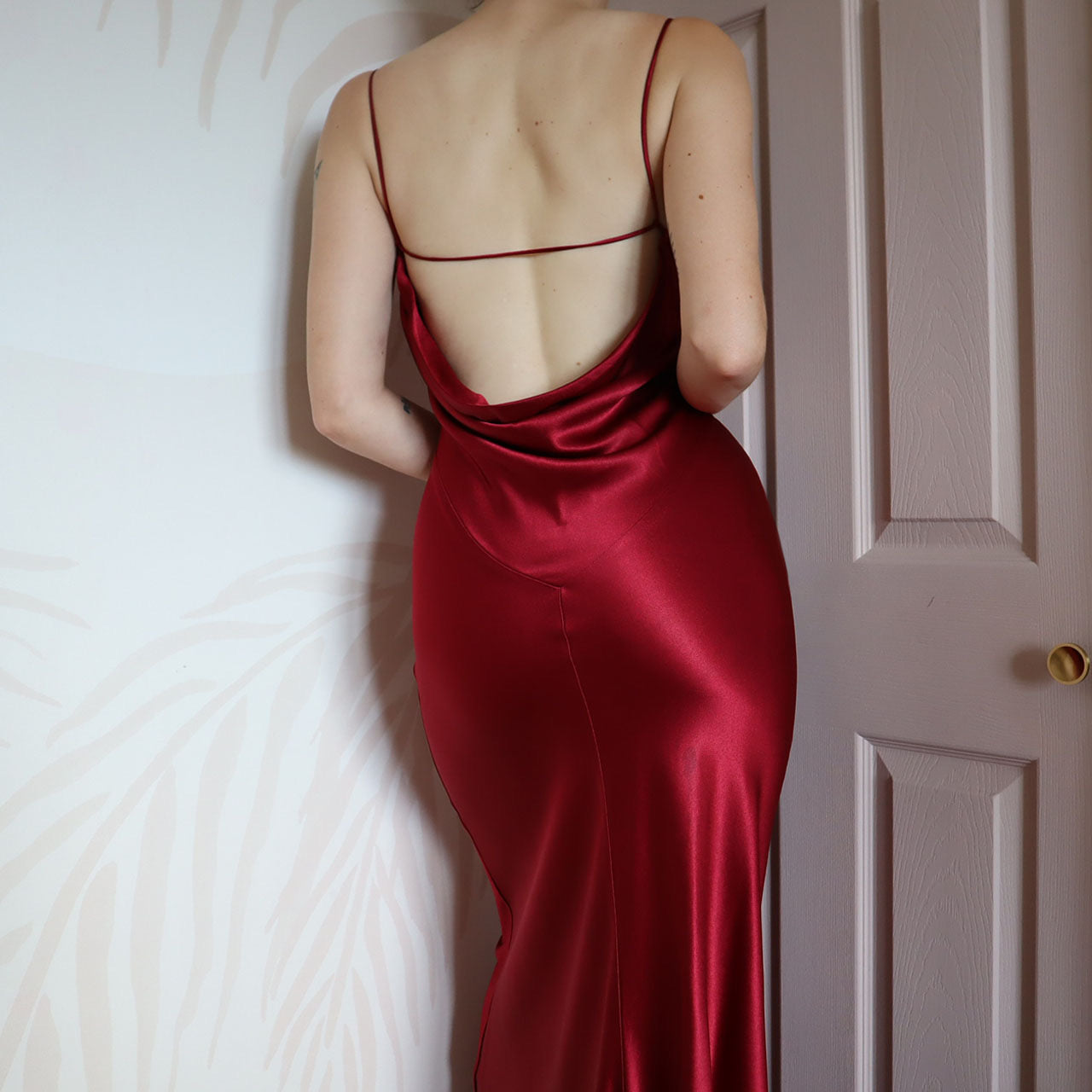 Red silky slip dress with draped back UK 12