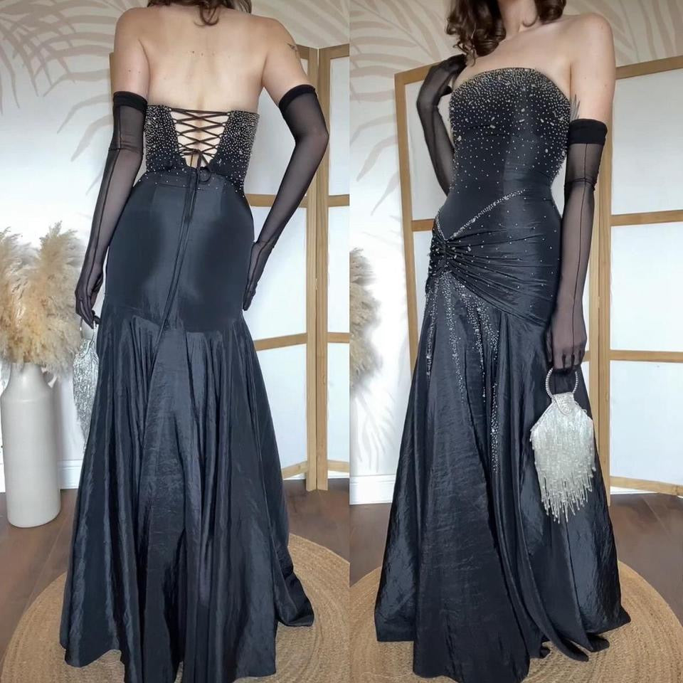Black beaded strapless lace back prom dress uk 6