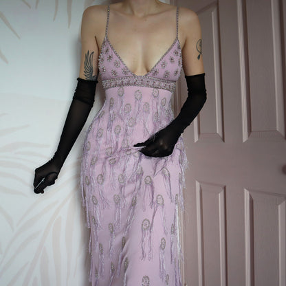 Lilac 100% silk fringe evening gown UK 10