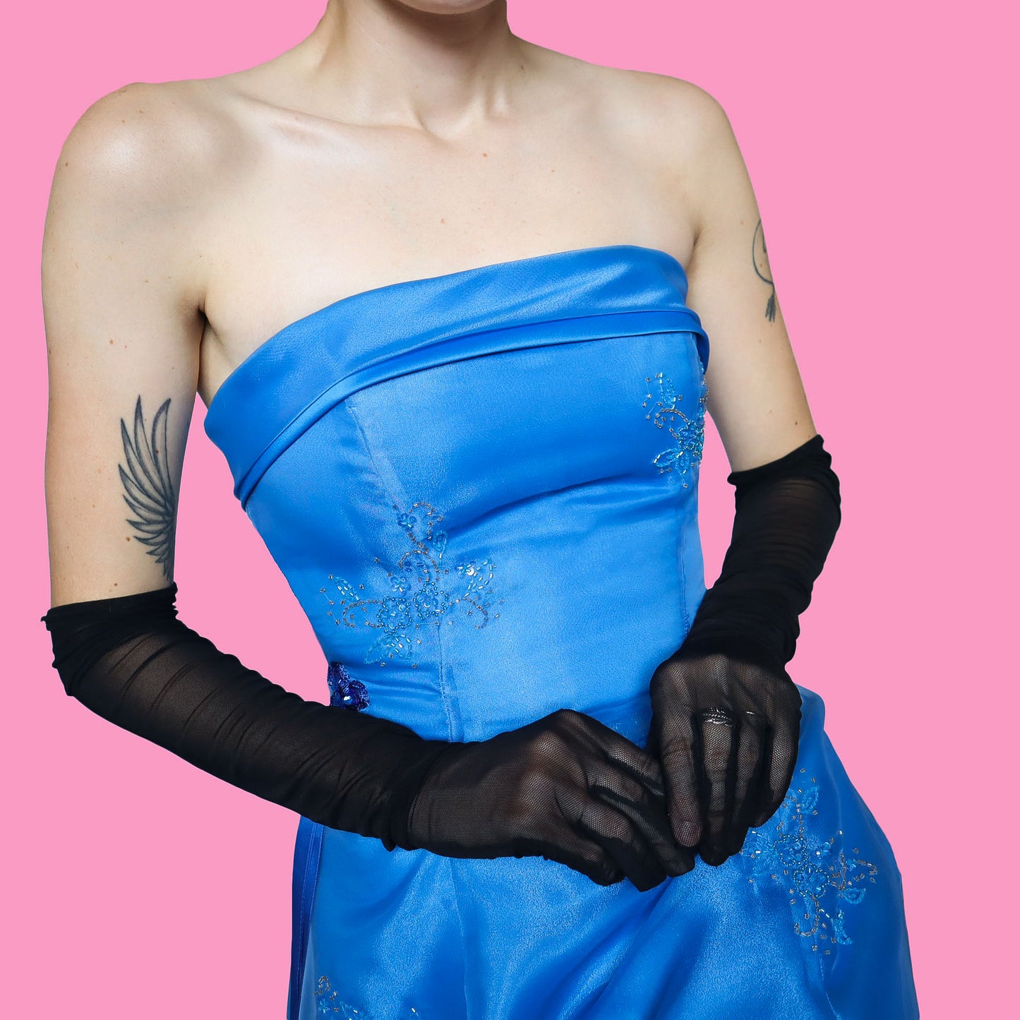 Blue strapless a-like organza evening dress UK 10