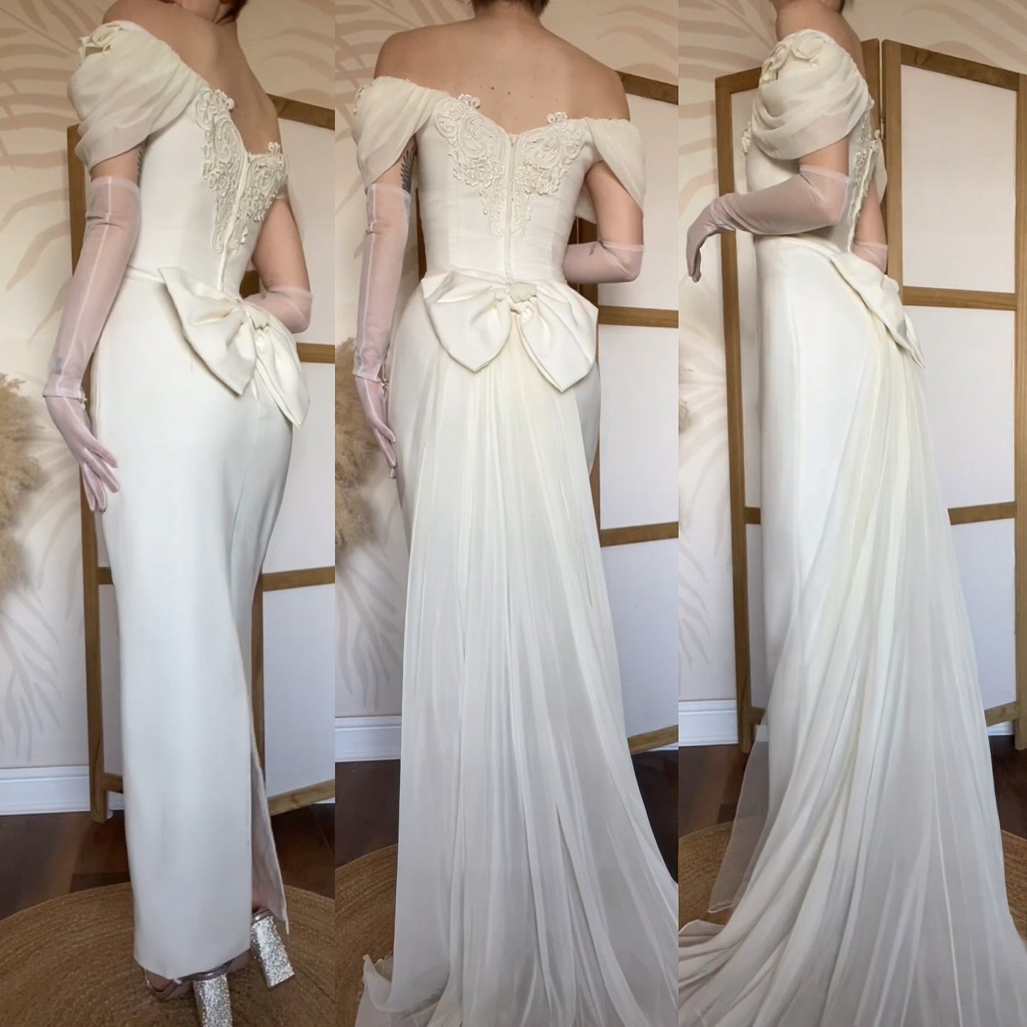 Ivory off shoulder wedding dress with detachable train uk 14