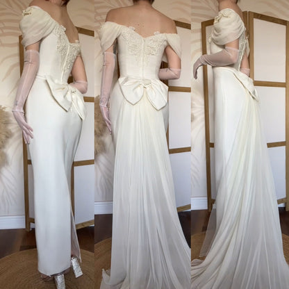 Ivory off shoulder wedding dress with detachable train uk 14