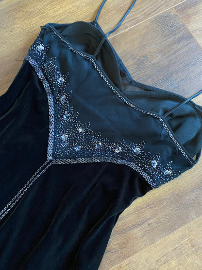 Black Dave & Johnny velvet beaded stretch evening dress UK 14