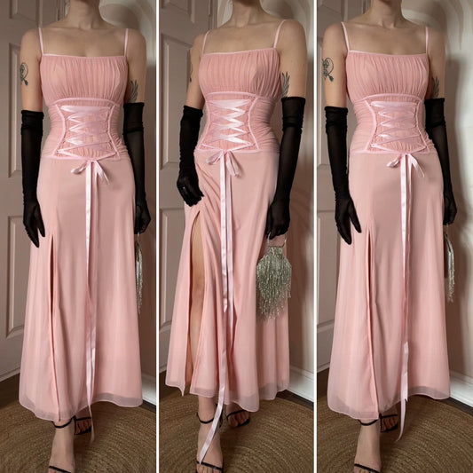 Designer Tadashi Shoji corset vintage pink lace up evening gown UK 10