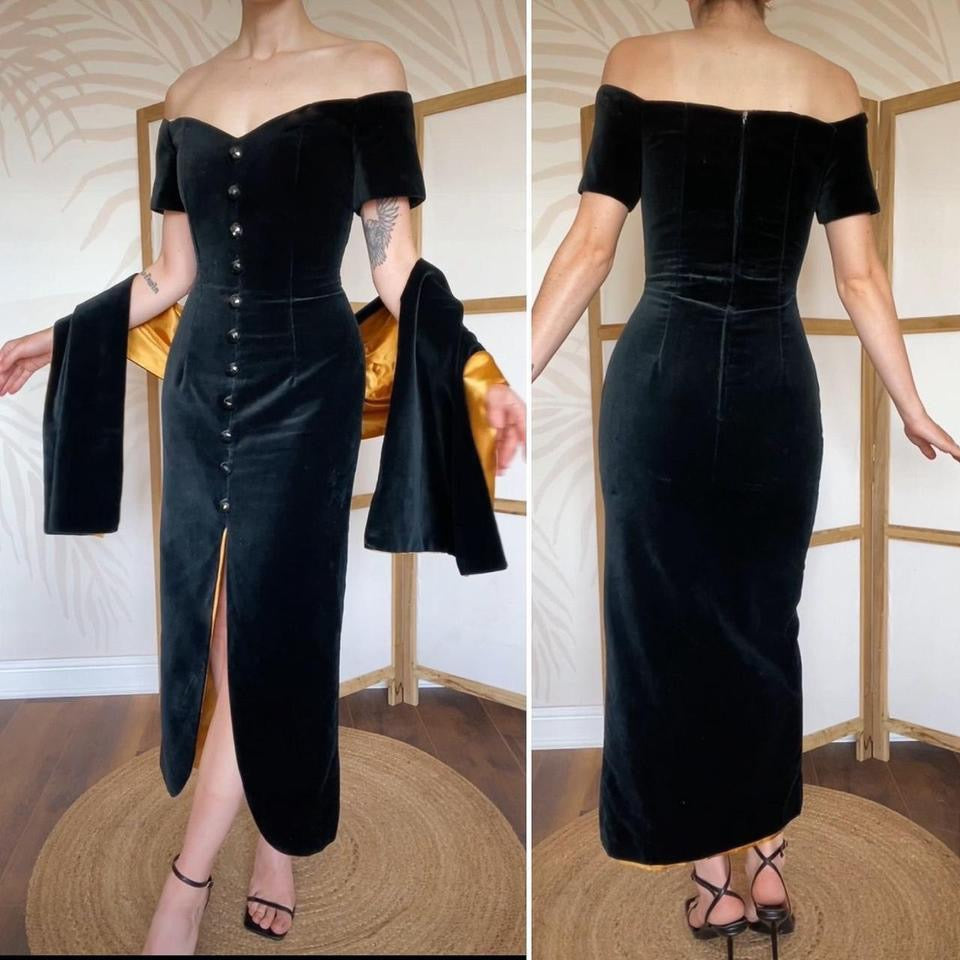 Debut cold shoulder black velvet evening dress & shawl uk 12