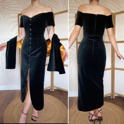 Debut cold shoulder black velvet evening dress & shawl uk 12