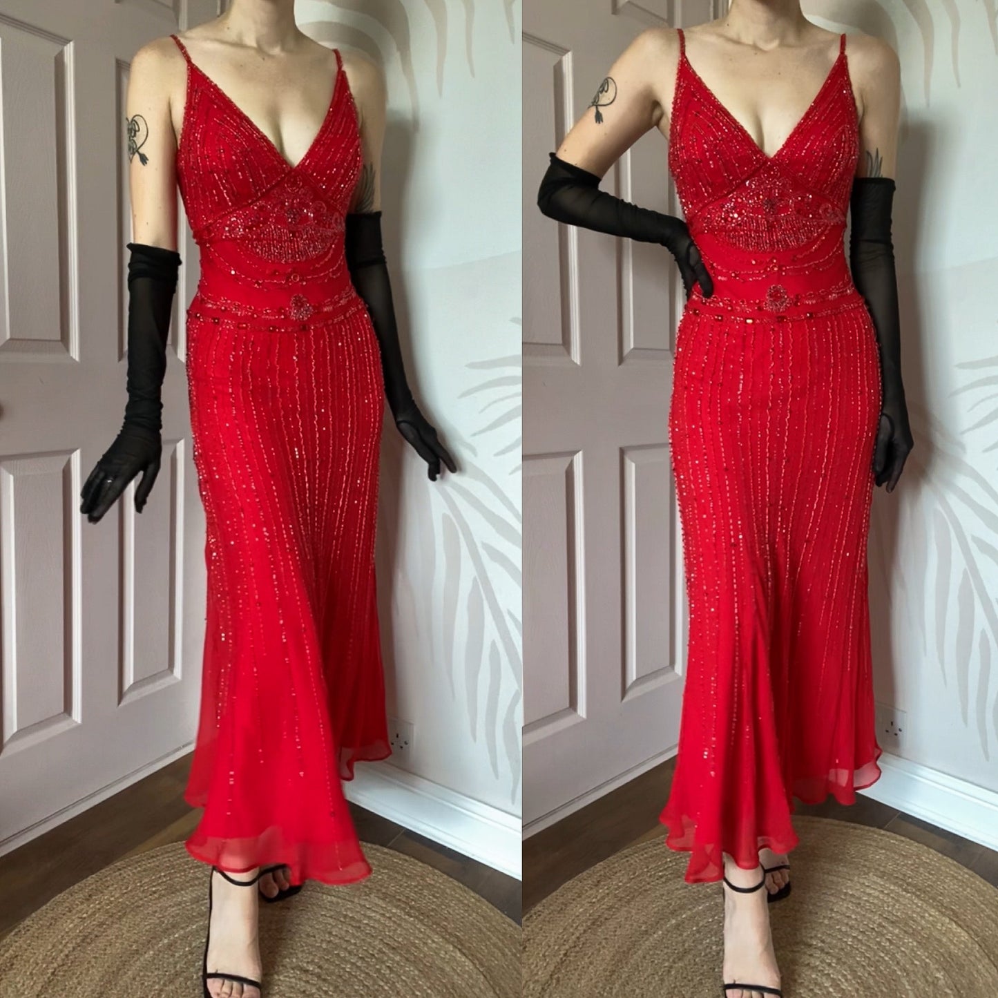Red Gina Bacconi 100% silk beaded evening dress UK 10-12