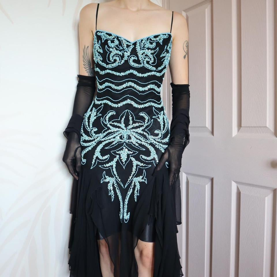 Black evening dress with turquoise beading & shawl UK 12