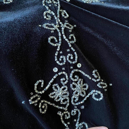 Black Vintage 90s Dave & Johnny Velvet Beaded Evening Gown UK Size 16
