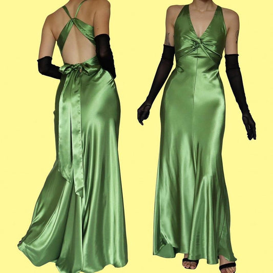 Green satin silky evening gown UK 10