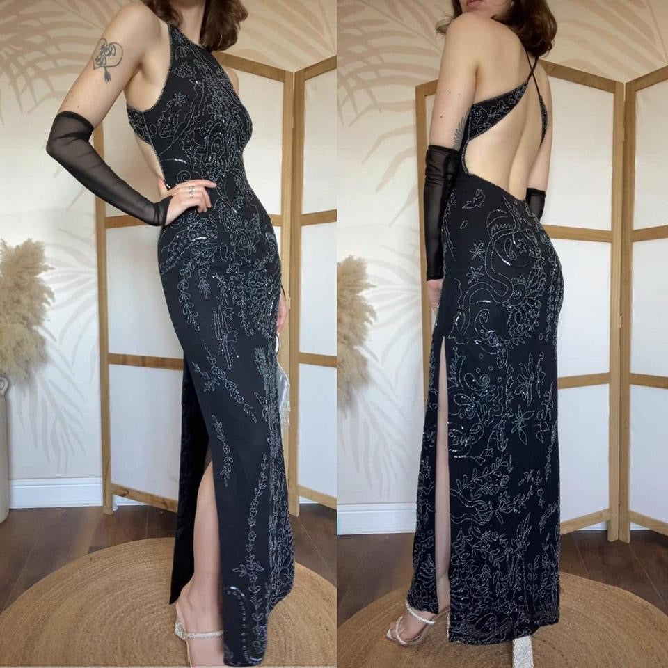 Black beaded open back evening dress uk 8-10
