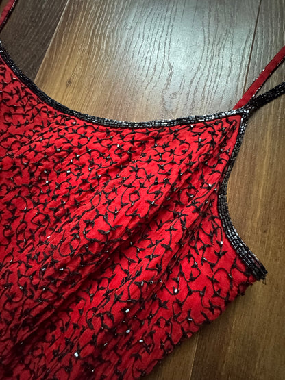 Red 100% silk beaded evening dress uk 12