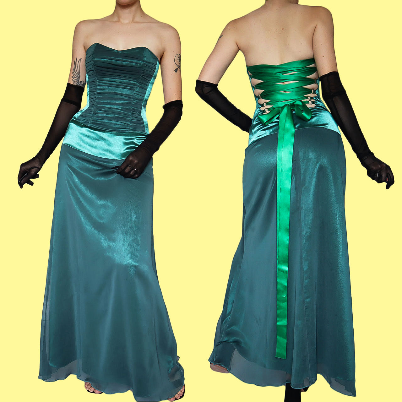 Green teal Charas strapless lace up gown UK 6/8