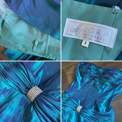 Blue iridescent strapless corset style prom dress uk 10