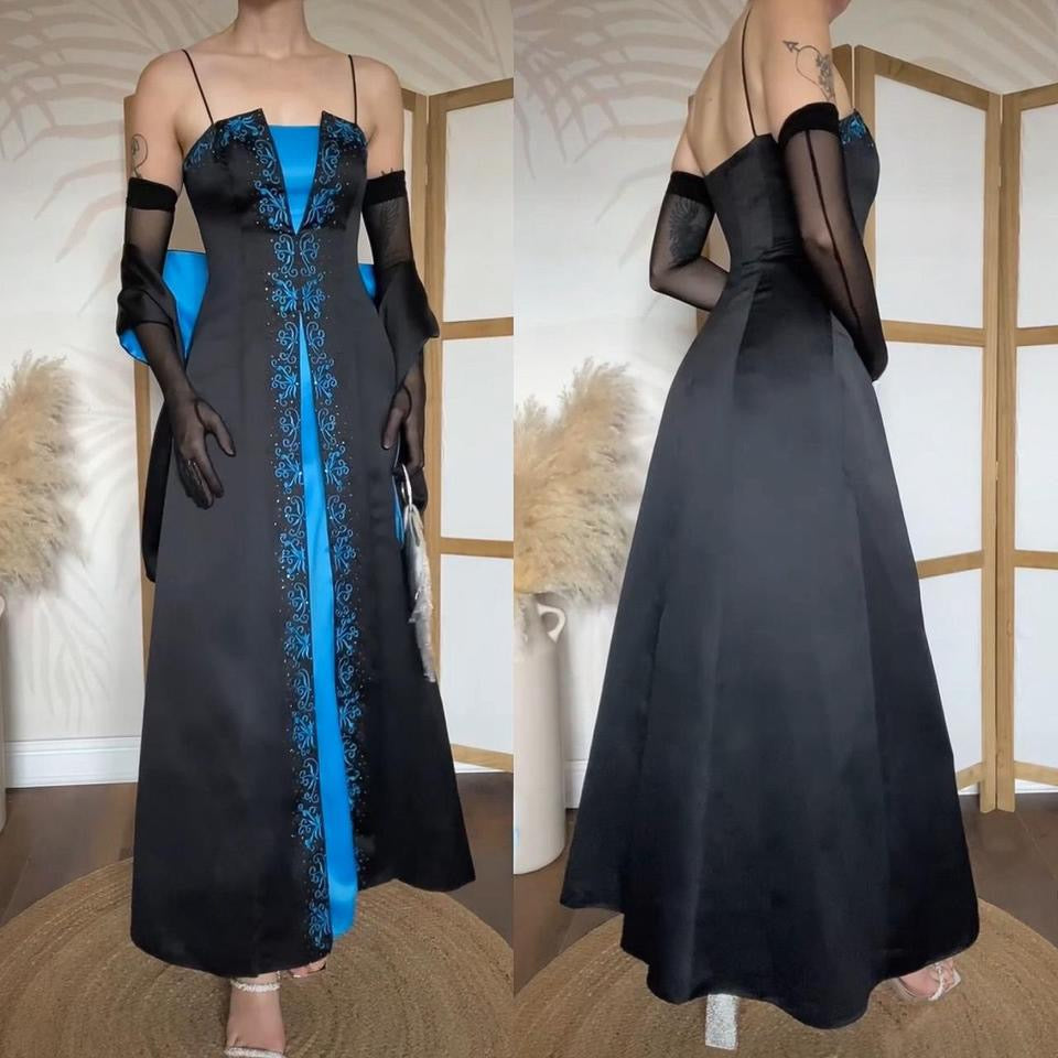Niki Livas blue & black a-line prom dress & shawl uk 8/10